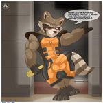  aaron_(artist) anthro blush bulge clothed clothing drunk english_text fangs fur guardians_of_the_galaxy male mammal marvel one_eye_closed open_mouth raccoon red_eyes rocket_raccoon speech_bubble teeth text 