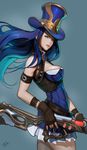  absurdres aqua_hair arm_strap armband armpit_peek bare_shoulders belt blue_background blue_dress blue_eyes blue_hair blue_hat breasts brown_belt brown_gloves buckle caitlyn_(league_of_legends) cleavage cowboy_shot detached_collar dress expressionless fingerless_gloves floating_hair framed_breasts from_side gloves gun hat highres holding holding_gun holding_weapon league_of_legends leather leather_gloves long_hair looking_at_viewer looking_to_the_side medium_breasts multicolored_hair nail_polish parted_lips rifle short_dress showcat signature simple_background sleeveless sleeveless_dress solo standing top_hat two-tone_hair underbust weapon wind 