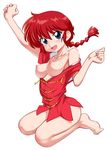  arms_up bangs blue_eyes bottomless braid breasts chinese_clothes full_body funnyari genderswap genderswap_(mtf) highres jpeg_artifacts long_hair looking_at_viewer medium_breasts open_clothes open_mouth open_shirt ranma-chan ranma_1/2 red_hair red_shirt saotome_ranma seiza shirt shirt_pull simple_background single_braid sitting smile solo tangzhuang white_background 