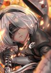  black_dress black_gloves black_hairband blindfold bolt breasts cleavage cleavage_cutout closed_mouth covered_eyes dress gloves hair_over_one_eye hairband holding holding_sword holding_weapon juliet_sleeves katana long_sleeves machine_(nier) mega-ne mole mole_under_mouth nier_(series) nier_automata puffy_sleeves robot short_hair silver_hair small_breasts solo sword tassel turtleneck upper_body vambraces weapon yorha_no._2_type_b 