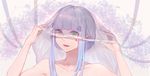  bangs bare_shoulders blue_hair blunt_bangs bridal_veil collarbone dress facial_tattoo flower gen_(bividgen) girls_frontline green_eyes hair_ornament hair_up hands highres hk416_(girls_frontline) looking_at_viewer parted_lips see-through sidelocks solo tattoo upper_body veil wedding_dress 