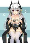  2017 bangs blush body_writing breasts cleavage collarbone commentary_request eyebrows_visible_through_hair fate/grand_order fate_(series) hair_between_eyes heart horns japanese_clothes kimono kiyohime_(fate/grand_order) kurokage large_breasts long_hair looking_at_viewer obi open_mouth red_eyes sash silver_hair sitting solo thighhighs twitter_username white_legwear wide_sleeves 