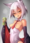  :d animal_ears black_gloves blush breasts breasts_outside covered_navel dark_skin elbow_gloves fingerless_gloves gloves jacket juice_box looking_at_viewer md5_mismatch necktie nipples open_mouth original small_breasts smile solo sunoko_(waero) sweat waero white_hair yellow_eyes 
