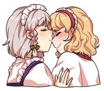  ^_^ alice_margatroid blonde_hair blush capelet closed_eyes hairband izayoi_sakuya kiss lolita_hairband maid_headdress multiple_girls nekolina nose_kiss short_hair silver_hair straight_hair touhou wavy_hair yuri 