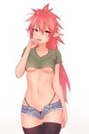  agarest_senki agarest_senki_(series) arm_at_side black_legwear black_panties bluefield blush breasts brown_eyes candy covered_nipples cowboy_shot crop_top cutoffs denim denim_shorts food highleg highleg_panties highres lavinia_(agarest_senki) lollipop long_hair long_pointy_ears looking_at_viewer medium_breasts navel no_bra open_fly panties pointy_ears red_eyes red_hair short_shorts shorts simple_background solo spiked_hair thighhighs tongue tongue_out underwear white_background 