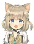  :d animal_ears bell blonde_hair blue_eyes cat_ears child choker collarbone fang final_fantasy final_fantasy_xiv hair_bell hair_ornament khloe_aliapoh looking_at_viewer midorikawa_you miqo'te open_mouth short_hair simple_background smile solo tareme two_side_up white_background 