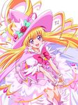  :d alexandrite_style asahina_mirai blonde_hair boots bow bracelet brooch cure_miracle flower frills hat hat_flower highres jewelry knee_boots long_hair looking_at_viewer magical_girl mahou_girls_precure! nii_manabu open_mouth pink_bow pink_footwear pink_hat pink_skirt precure purple_eyes skirt smile solo witch_hat 