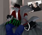  anthro bedroom butt canine digital_media_(artwork) duo goth inside jailbird justin_parallax male male/male mammal on_lap over_knee piercing poster reddened_butt spanking tears wolf 