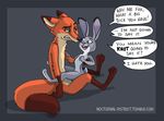  2017 anthro buckteeth canine dialogue disney english_text eye_contact female flat_chested fox humor judy_hopps lagomorph male mammal nick_wilde nocturnal-district nude on_lap open_mouth open_smile pun rabbit sitting_on_lap smile suggestive teeth text zootopia 