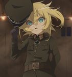  arm_behind_back belt blonde_hair colored_eyelashes eyebrows_visible_through_hair gloves green_eyes hair_between_eyes hat hat_removed headwear_removed holding holding_hat looking_at_viewer military military_uniform open_mouth short_hair solo standing tanya_degurechaff uniform usamimi_(usamimiok) youjo_senki 