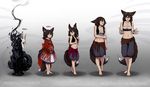  age_progression animal_ears baggy_shorts barefoot black_hair breasts child clothes_around_waist collage deviantart_username earrings flat_chest fox fox_ears fox_tail full_body goggles goggles_on_head hands_in_opposite_sleeves highres japanese_clothes jewelry kate-fox katrin_fox kimono kitsune midriff multiple_views navel obi original patreon_username sarashi sash short_hair shorts small_breasts smoke sweater_around_waist tail teenage thigh_gap vest watermark web_address yellow_eyes younger 
