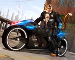  abs bulge clothing computer dream_and_nightmare feline futuristic grin male mammal motorcycle muscular police rubber rubber_suit tiger vehicle 