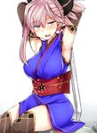  armpits arms_up blue_eyes blush breasts commentary_request elbow_gloves eyebrows_visible_through_hair fate/grand_order fate_(series) folded_ponytail gloves japanese_clothes katana large_breasts looking_at_viewer miyamoto_musashi_(fate/grand_order) obi open_mouth sabujiroko sash shirt simple_background sitting sleeveless sleeveless_shirt solo sword thighhighs weapon white_background 
