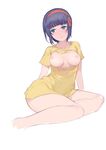  bangs blue_eyes blunt_bangs blush bottomless breasts gen_(bividgen) hair_ribbon hairband highres kuromukuro looking_away medium_breasts naked_shirt nipples no_bra nose_blush purple_hair ribbon shirahane_yukina shirt short_hair sitting solo t-shirt torn_clothes torn_shirt white_background yokozuwari 