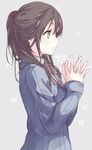  blush brown_hair closed_mouth expressionless grey_background grey_eyes hair_over_shoulder half_updo hands_clasped highres hiwatari_rin long_hair neck_ribbon original own_hands_together profile ribbon sidelocks simple_background solo sweater tied_hair upper_body 