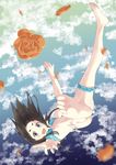  :d aqua_bikini bikini black_hair blue_eyes blue_sky blush breasts cloud cloudy_sky falling flower foreshortening full_body hiwatari_rin legs looking_at_viewer medium_breasts open_mouth orange_flower original outdoors outstretched_arm outstretched_hand petals polka_dot polka_dot_bikini side-tie_bikini sky smile soles solo swimsuit thick_eyebrows thigh_strap 