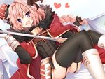  astolfo_(fate) black_legwear blush braid cape crown fang fate/apocrypha fate_(series) garter_straps hair_ribbon long_hair male_focus omuretsu open_mouth otoko_no_ko pink_hair purple_eyes ribbon single_braid smile solo thighhighs 