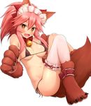  animal_ears bell bell_collar bikini black_bikini blush_stickers breasts cleavage collar fang fate/grand_order fate_(series) fox_ears fox_tail groin hair_ribbon large_breasts long_hair looking_at_viewer micro_bikini navel negija open_mouth pink_hair ribbon simple_background solo swimsuit tail tamamo_(fate)_(all) tamamo_cat_(fate) white_background yellow_eyes 