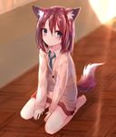  animal_ears barefoot blue_eyes blurry brown_hair cardigan closed_mouth collared_shirt depth_of_field dog_ears dog_tail expressionless full_body light_rays miniskirt original pleated_skirt seiza shirt sitting skirt solo sukemyon tail wing_collar wooden_floor 