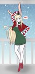  2016 ? anthro blonde_hair blue_eyes chest_tuft clothing elbow_gloves english_text female footwear fur gloves hair hi_res high_heels lagomorph long_ears long_hair looking_at_viewer mammal mistletoe pink_nose plant rabbit scorpdk shoes sky smile snow snowing solo standing sweater text tight_clothing tuft white_fur 