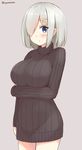  alternate_costume blue_eyes breast_hold breasts chaa_(korone-ze) cowboy_shot hair_over_one_eye hamakaze_(kantai_collection) highres kantai_collection large_breasts looking_at_viewer ribbed_sweater short_hair silver_hair sleeves_past_wrists solo sweater turtleneck turtleneck_sweater 