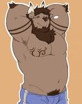  2016 anthro armpits beard belly biped blue_bottomwear blue_clothing body_hair bovine brown_background brown_belly brown_fur brown_hair brown_nose canine cattle chest_hair clothed clothing digital_media_(artwork) dog elbow_tufts eyebrows eyes_closed facial_hair front_view fur hair half-length_portrait hands_behind_head happy hi_res horn hybrid male mammal navel portrait rick_(sinx2201) seintaur simple_background slightly_chubby smile solo standing stretching tattoo topless tuft white_horn 