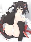  :o absurdres animal_ears bangs black_eyes black_gloves black_hair black_legwear blush cameltoe cat_ears cat_tail elbow_gloves eyebrows_visible_through_hair fang gloves hair_ornament highres kantai_collection knees_together_feet_apart looking_at_viewer miko_92 mismatched_legwear no_shoes open_mouth panties remodel_(kantai_collection) ribbon scarf sendai_(kantai_collection) shiny shiny_skin short_hair single_thighhigh skirt solo tail thighhighs two_side_up underwear white_panties white_scarf 