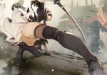  absurdres ass ass_focus black_dress black_footwear black_legwear blindfold blurry boots depth_of_field dress highres hu58013901 legs leotard nier_(series) nier_automata outstretched_leg panties pod_(nier_automata) revision short_hair solo squatting sword thigh_boots thighhighs thighs underwear weapon white_hair white_leotard white_panties yorha_no._2_type_b 