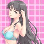  black_hair blue_background breasts brown_eyes cleavage collarbone earrings hand_in_hair highres jewelry long_hair looking_at_viewer medium_breasts original rasukaru solo upper_body 