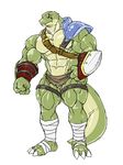  abs anthro armor bandage belt biceps cloth clothing gloves green_skin huge_msucles kuroma male pecs quadfs reptile scalie scar shoulder_pad simple_background solo teeth triceps wide_hips 