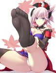  ass bare_shoulders belt black_legwear blue_eyes breasts cameltoe cleavage eyebrows_visible_through_hair fate/grand_order fate_(series) feet hair_ornament highres japanese_clothes kimono large_breasts legs legs_up looking_at_viewer miyamoto_musashi_(fate/grand_order) naturalton no_shoes panties pink_hair ponytail pov_feet smile soles solo thighhighs thighs toes underwear white_panties 
