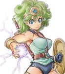  1girl amania_orz breasts dragon_quest dragon_quest_iv energy female green_hair heroine_(dq4) long_hair looking_at_viewer magic shield solo sword weapon 