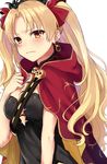  animal_print bangs between_breasts blonde_hair blush breasts butterfly_print cape closed_mouth earrings ereshkigal_(fate/grand_order) fate/grand_order fate_(series) frown furrowed_eyebrows gold_trim hair_ribbon hand_on_breast highres hizuki_higure jewelry long_hair looking_at_viewer medium_breasts pink_lips red_cape red_eyes red_ribbon ribbon shiny shiny_hair simple_background skull solo spine tiara two_side_up upper_body white_background 