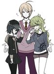  2girls ahoge akamatsu_kaede amami_rantarou baseball_cap black_hair blonde_hair cowboy_shot danganronpa eighth_note genderswap genderswap_(ftm) genderswap_(mtf) green_eyes green_hair hat jewelry multiple_girls musical_note necklace necktie new_danganronpa_v3 orange_neckwear pantyhose pinstripe_pattern purple_eyes saihara_shuuichi sailor_collar school_uniform short_hair shorts simple_background smile staff_(music) striped sweat sweater_vest taako_(daiya_0o0) white_background 