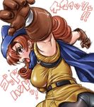  1girl alena_(dq4) amania_orz blush breasts brown_eyes brown_hair cape dragon_quest dragon_quest_iv female hat long_hair looking_at_viewer open_mouth punch solo tongue 