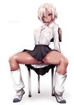  bad_anatomy blonde_hair breasts chair dark_skin full_body large_breasts looking_at_viewer loose_socks miniskirt mole mole_under_mouth original panties pantyshot school_uniform short_hair simple_background sitting skirt smile socks solo souryu spread_legs underwear uniform upskirt white_background yellow_eyes 