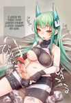  1girl areolae bare_shoulders bike_shorts breast_slip breasts censored cum erect_nipples fingerless_gloves futanari gloves green_hair hair_ornament hard_translated highres masturbation menou_kaname midriff motion_blur navel newhalf one_breast_out original penis shirt_pull solo taishi_(picchiridou) testicles translated 