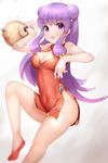  bad_id bad_pixiv_id bangs blurry boruhis breasts china_dress chinese_clothes cleavage_cutout depth_of_field double_bun dress fighting_stance hair_bobbles hair_ornament highres holding kettle leg_up long_hair looking_at_viewer medium_breasts open_mouth purple_eyes purple_hair ranma_1/2 red_footwear shampoo_(ranma_1/2) shoes short_dress side_slit simple_background solo standing standing_on_one_leg white_background 