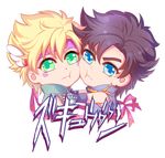  blonde_hair blue_eyes brown_hair caesar_anthonio_zeppeli cheek-to-cheek chibi facial_mark fingerless_gloves gloves green_eyes hand_on_another's_hand headband jojo_no_kimyou_na_bouken joseph_joestar_(young) male_focus multiple_boys shin_(840573976) winged_hair_ornament zukyuun 