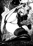  1girl ass back breasts cameltoe covered_eyes drag-on_dragoon female huge_ass kicking monochrome nier_(series) nier_automata short_hair solo sword weapon yorha_unit_no._2_type_b 