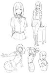  arms_behind_back blush_stickers bra greyscale highres monochrome multiple_views neck_ribbon norakura_(nr_kura) original parted_lips pleated_skirt ribbon school_uniform sketch skirt smile tying_hair underwear 