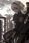  back black_dress black_gloves black_legwear blindfold boots dress gloves hairband highres holding holding_sword holding_weapon katana mole mole_under_mouth nier_(series) nier_automata saitou_(lynx-shrike) short_hair solo sword thigh_boots thighhighs weapon white_hair yorha_no._2_type_b 