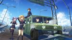  3boys black_hair black_legwear blonde_hair brown_eyes brown_hair glasses green_eyes grin ground_vehicle hand_on_hip highres hiiragi_shinoa humvee hyakuya_yuuichirou kimizuki_shihou long_hair military military_uniform motor_vehicle multiple_boys multiple_girls narumi_makoto outdoors owari_no_seraph psyche3313 purple_eyes purple_hair sanguu_mitsuba saotome_yoichi short_hair smile thighhighs twintails uniform zettai_ryouiki 