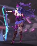  arm_guards armband bangs benghuai_xueyuan black_gloves blue_skirt blurry blurry_background boots breasts brown_footwear choudan closed_mouth crop_top elbow_gloves electricity from_behind full_body gloves high_heel_boots high_heels highres holding holding_sword holding_weapon honkai_impact large_breasts legs_apart lightning_bolt long_hair looking_at_viewer looking_back mask mask_on_head mechanical_arm miniskirt pantyhose pleated_skirt ponytail power_armor power_sword purple_eyes purple_hair raiden_mei ribbon sailor_collar school_uniform serafuku shirt single_elbow_glove skirt sleeveless sleeveless_shirt solo standing sword thigh_strap torn_clothes torn_legwear weapon 