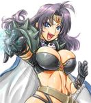  1girl amania_orz armor bikini black_hair blue_eyes blush breasts cape cleavage female gloves large_breasts long_hair looking_at_viewer magic naga_the_serpent navel open_mouth revealing_clothes slayers smile solo sword thong weapon 