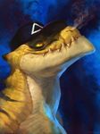 2016 abstract_background anthro baseball_cap black_scales black_stripes bust_portrait countershade_face countershade_torso countershading digital_media_(artwork) hat hi_res kilo_(fishbook5) lizard looking_up male multicolored_scales portrait reptile scales scalie sharp_teeth side_view signature smoke solo striped_scales stripes tan_countershading tan_scales teeth vizseral yellow_eyes yellow_scales yellow_sclera 