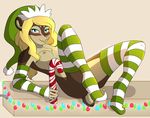  anthro breasts candy candy_cane cervine christmas deer female food hat holidays looking_at_viewer lying mammal nipples on_back saetia santa_hat smile solo 