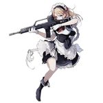  apron assault_rifle blonde_hair blue_eyes boots braid full_body g36 g36_(girls_frontline) girls_frontline gloves gun leg_garter long_hair looking_at_viewer magazine_(weapon) maid maid_apron maid_headdress official_art rifle shuzi skirt solo transparent_background very_long_hair weapon 