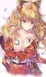  artist_name bangs blonde_hair blush bodypaint bow bowtie breasts cleavage commentary_request crossed_arms eyebrows_visible_through_hair granblue_fantasy hair_ornament hanetsuki japanese_clothes kimono kimono_pull large_breasts long_hair looking_at_viewer min-naraken obi open_mouth red_eyes red_kimono sash signature simple_background smile solo vira_lilie white_background 