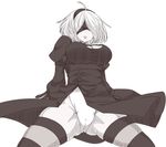  1girl breasts cameltoe covered_eyes drag-on_dragoon dress female large_breasts monochrome nier_(series) nier_automata short_hair solo yorha_unit_no._2_type_b 